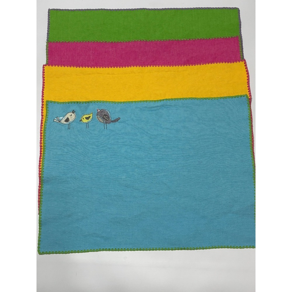 Pier 1 Imports Placemats Set 4 Multicolor Bird Embroidered Cotton Whipstitch